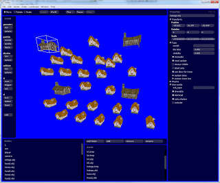 The editor with a scene full of house models, the asset lists and the property panel