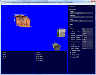 The editor with a selected shed, the entity and asset lists, and the property panel