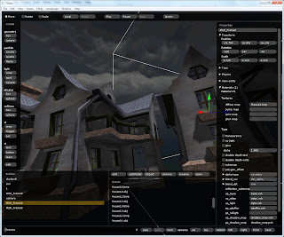 Houses under a dark sky in the editor, with the material properties panel open