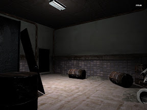 A dark basement room with barrels, rendered by the engine