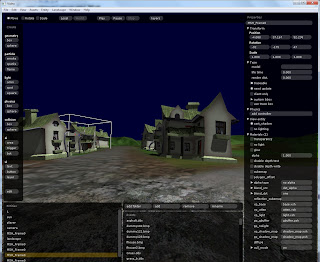 Houses on a clipmap landscape at dusk in the editor, with shadows