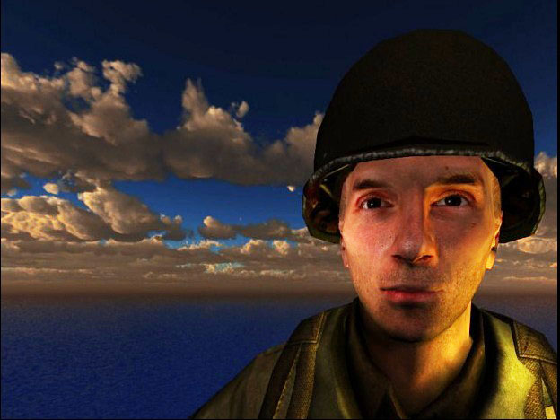 Soldier NPC in a helmet lit by several lights, with a cloudy sky over the sea behind him