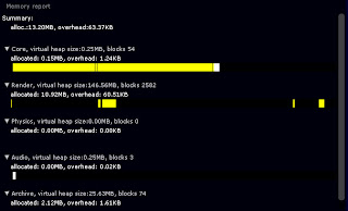 The memory report: virtual heap size, allocated memory, block count and overhead for each engine module