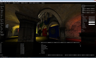 Sponza ground floor with warm coloured lights on the vaults