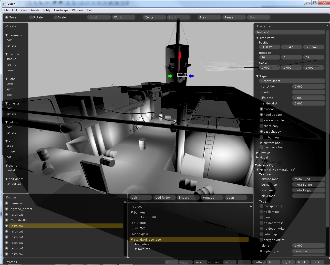 The Glow engine editor with an industrial scene and a selected ladder entity