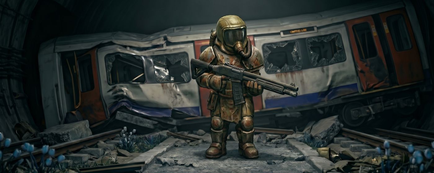 A soldier in a hazmat suit with a shotgun, in a tunnel beside a wrecked Underground train